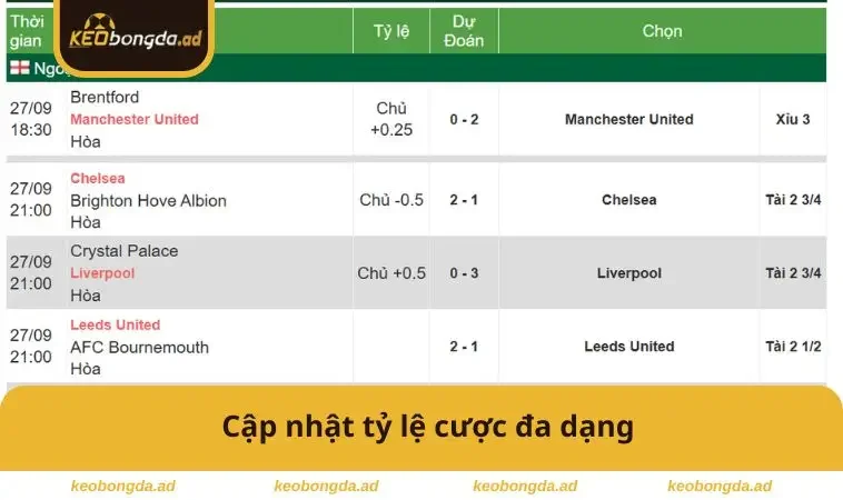 Cập nhật tỷ lệ cược đa dạng